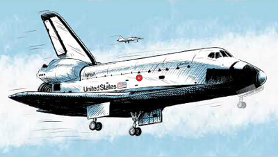 Drawing of NASA space shuttle used as a thumbnail for a video about BFGoodrich providing space shuttle tires